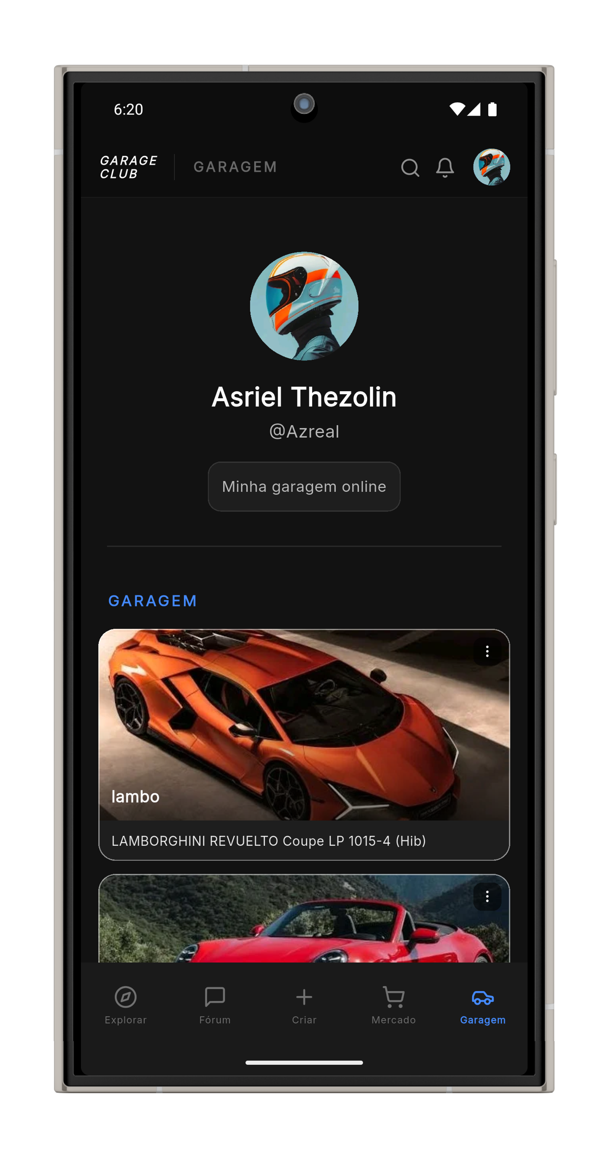 Mockup do App Garage Club